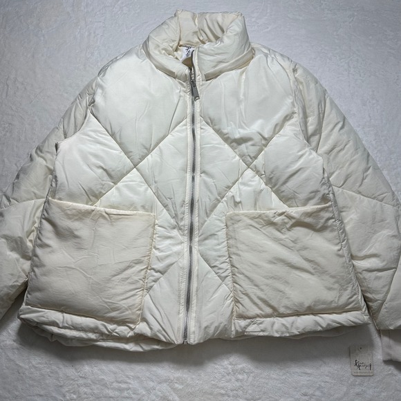 Free People Puffa Jacket Womens Sz L Diamond Quilted Puffer Coat Ivory *NO HOOD* - Picture 1 of 7